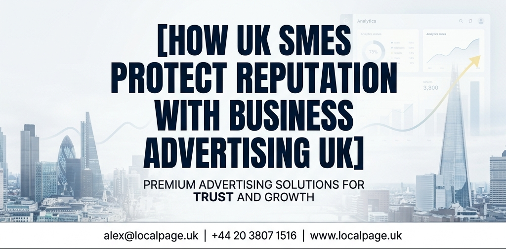 Blog hero banner titled "[How UK SMEs Protect Reputation with Business Advertising UK]" in a minimal corporate style.