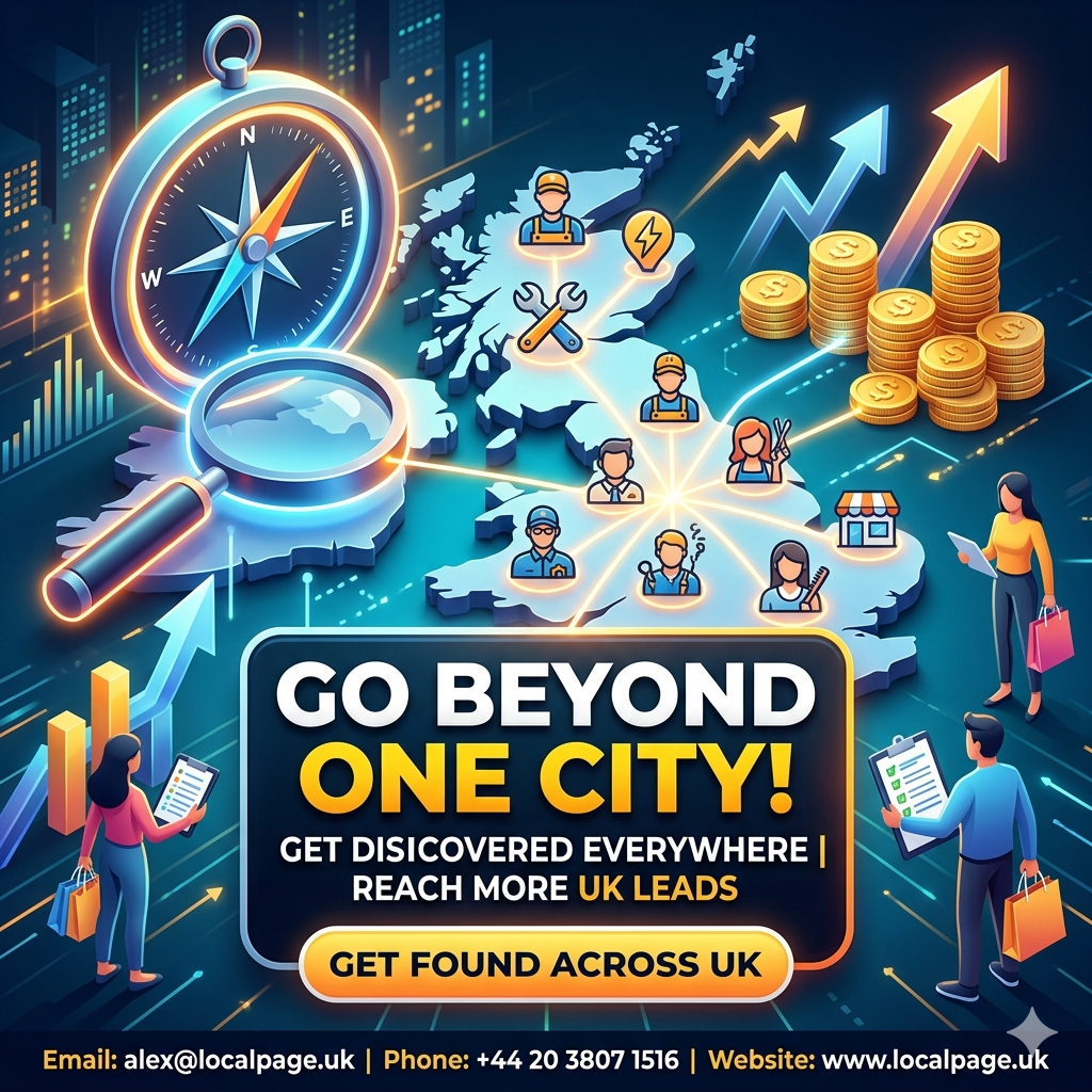 Cinematic 3D visual of a UK business platform dashboard connecting trade and service icons across major UK cities with glowing lines for multi-city exposure.