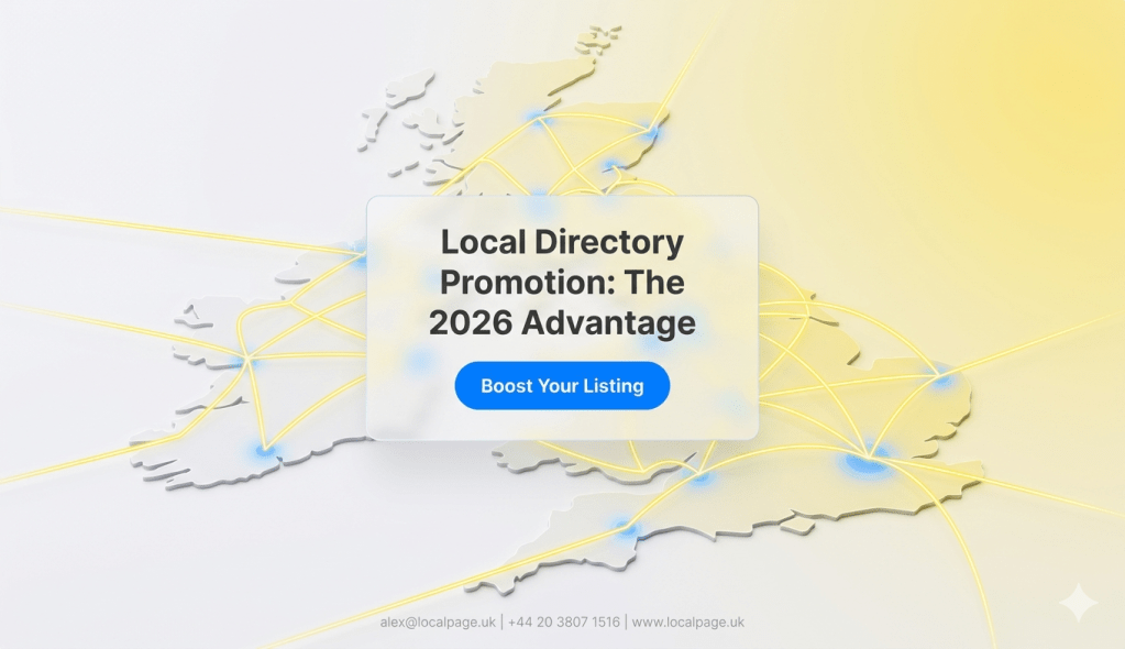 A premium, minimalist 3D rendering showing a glowing network of local UK business connections on a soft white and yellow gradient background, highlighting the "Booster Package" advantage.