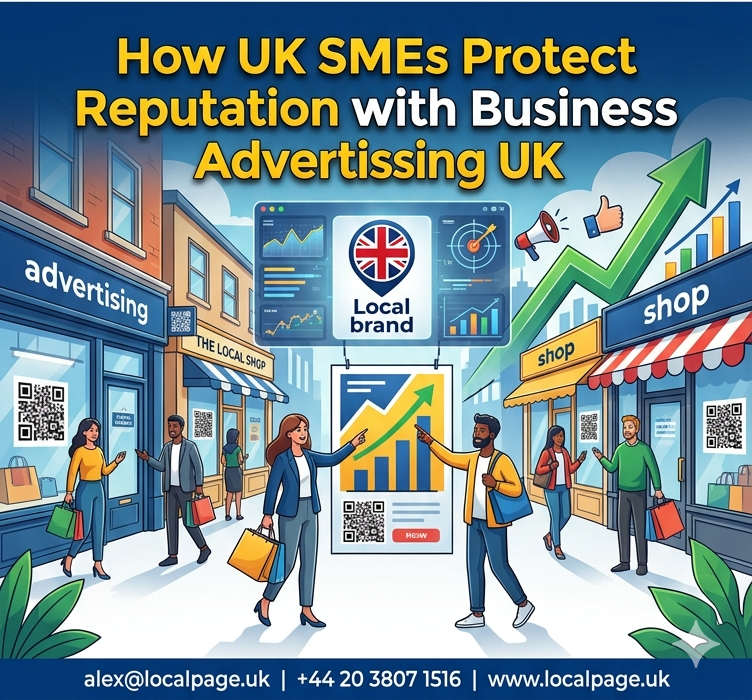 High CTR social sharing banner titled "[How UK SMEs Protect Reputation with Business Advertising UK]" with bold visuals.