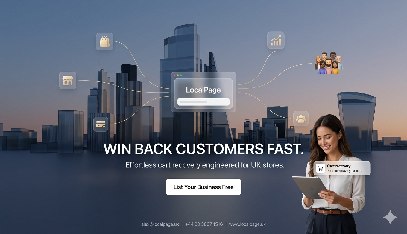 Premium 3D London skyline with connected retail icons and happy business owner, representing GDPR-compliant abandoned cart email recovery for UK small businesses on LocalPage.uk.